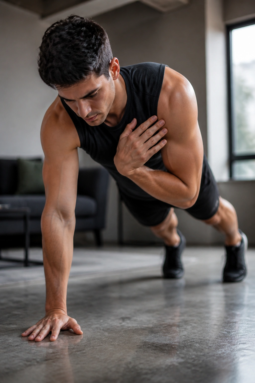 Person in a high plank performing shoulder taps with a stable torso and minimal hip movement