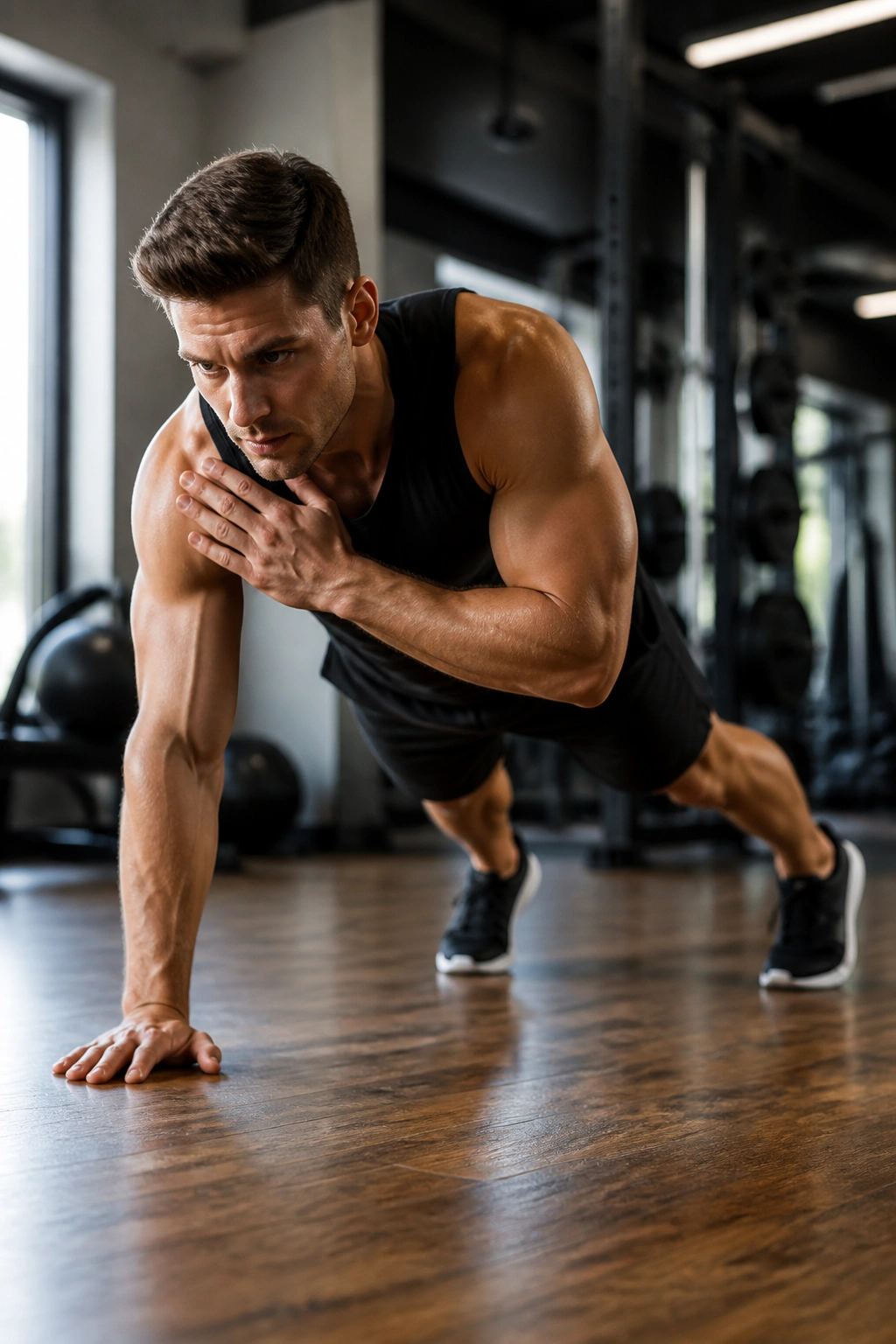 Close-up of a fit person in high plank performing a shoulder tap with hips steady in a gym