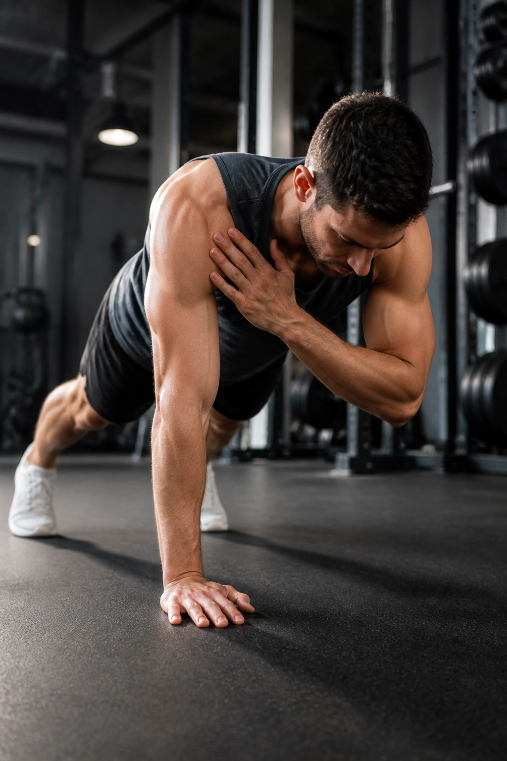 Person in high plank performing shoulder taps to train anti-rotation core.
