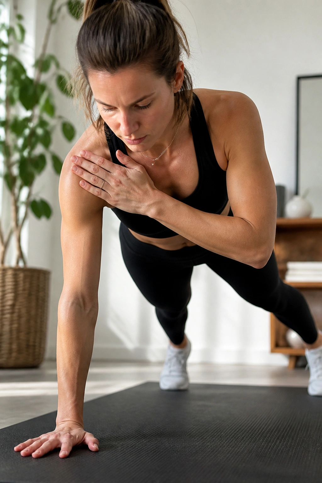 Plank shoulder tap showing stable hips and core control at home