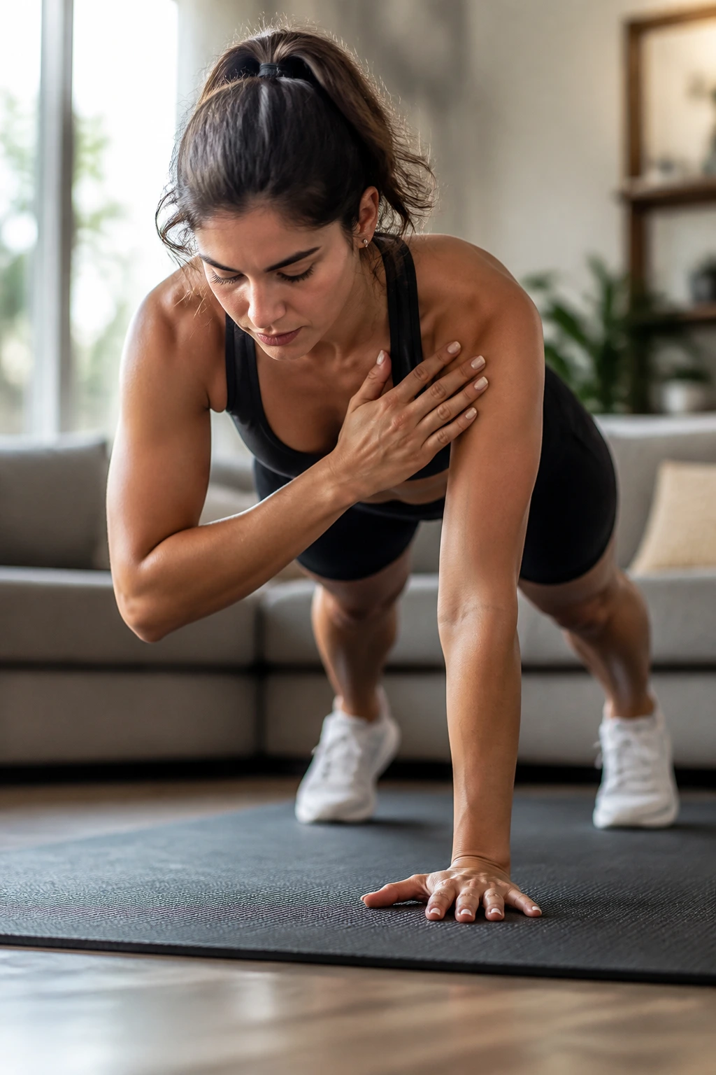 Woman in high plank performing shoulder taps with hips level.