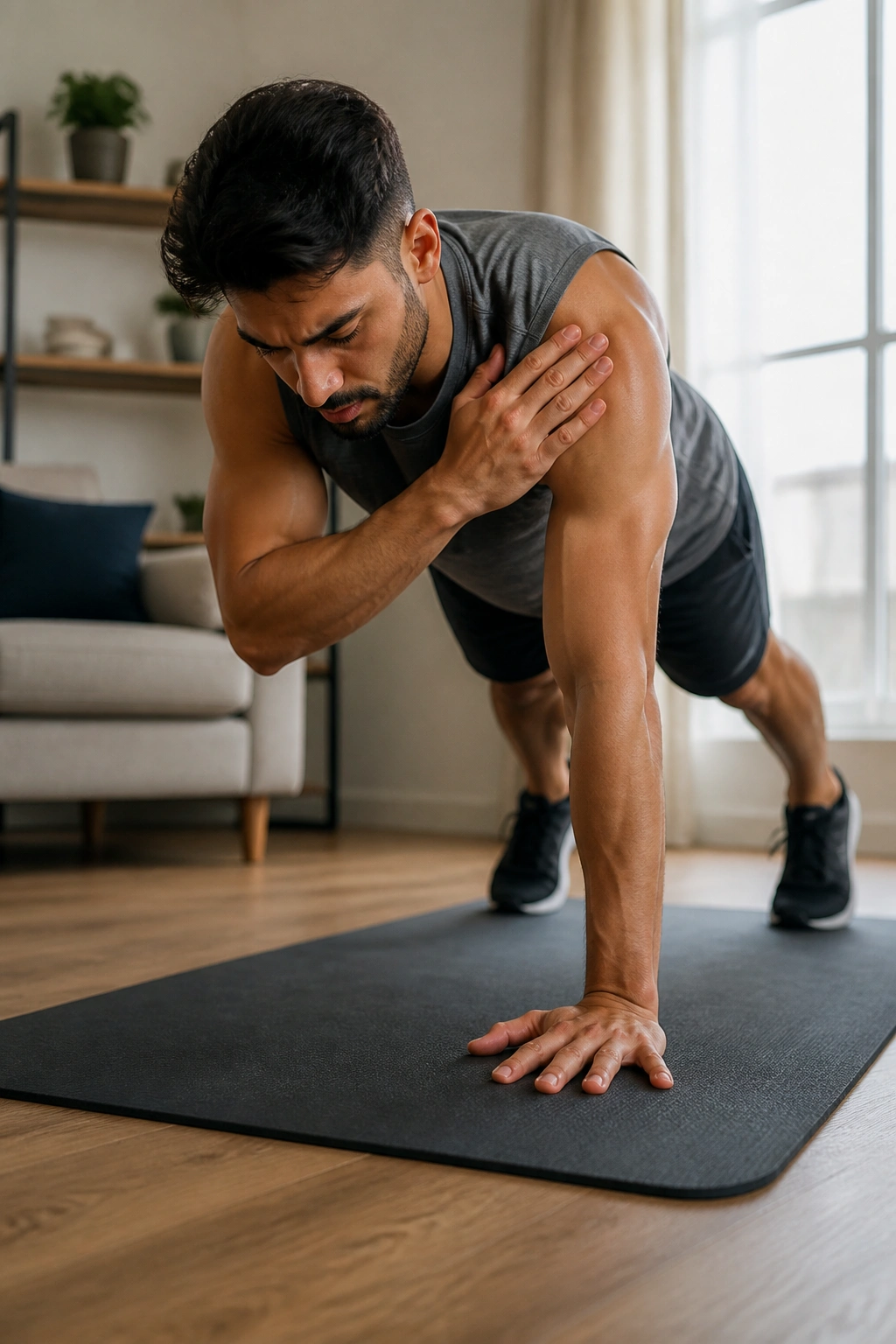 Medium close-up of a person performing plank shoulder taps at home.