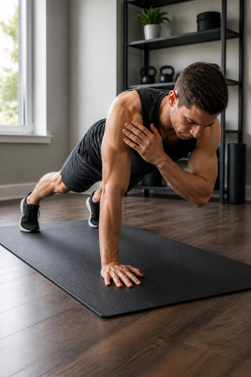 Person in high plank performing shoulder taps at home