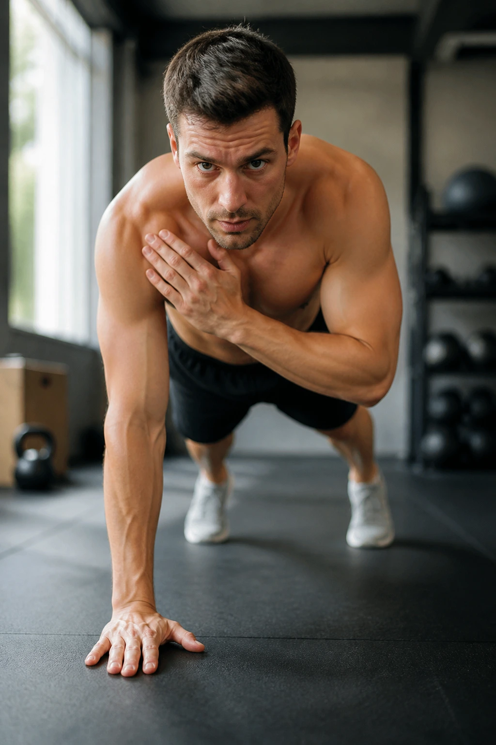 Front view of plank shoulder taps showing anti-rotation control
