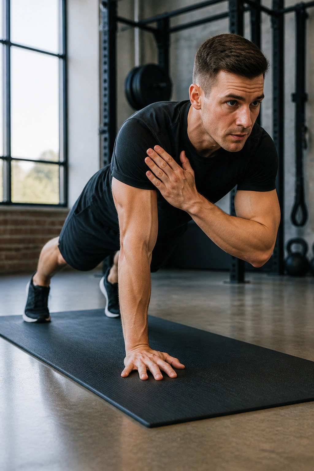 Person performing shoulder taps in high plank with minimal hip sway
