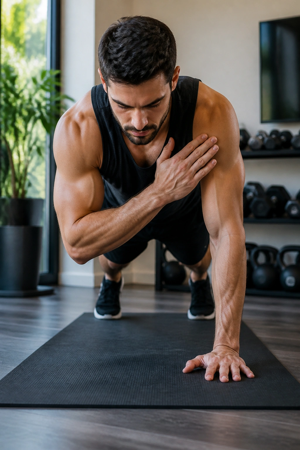 Medium shot of a person in a high plank performing shoulder taps with hips level