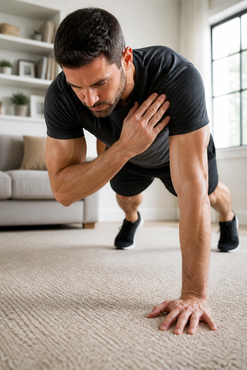 Person in high plank performing shoulder taps on a home carpet.