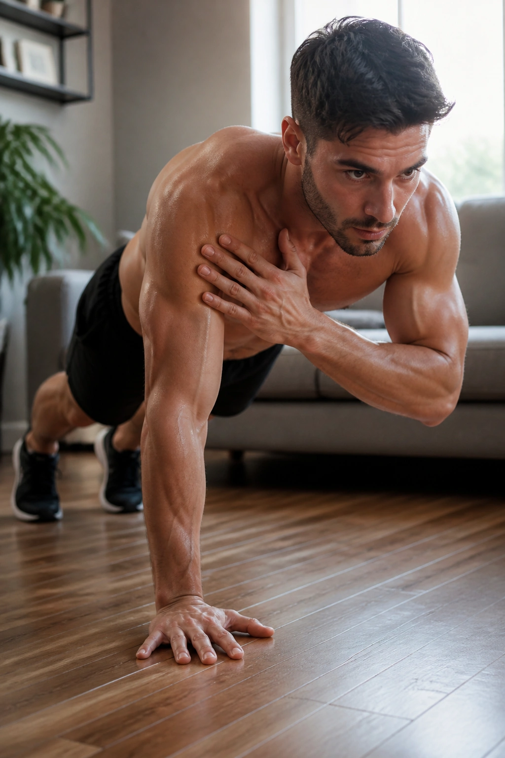 Real person in a high plank performing shoulder taps at home.