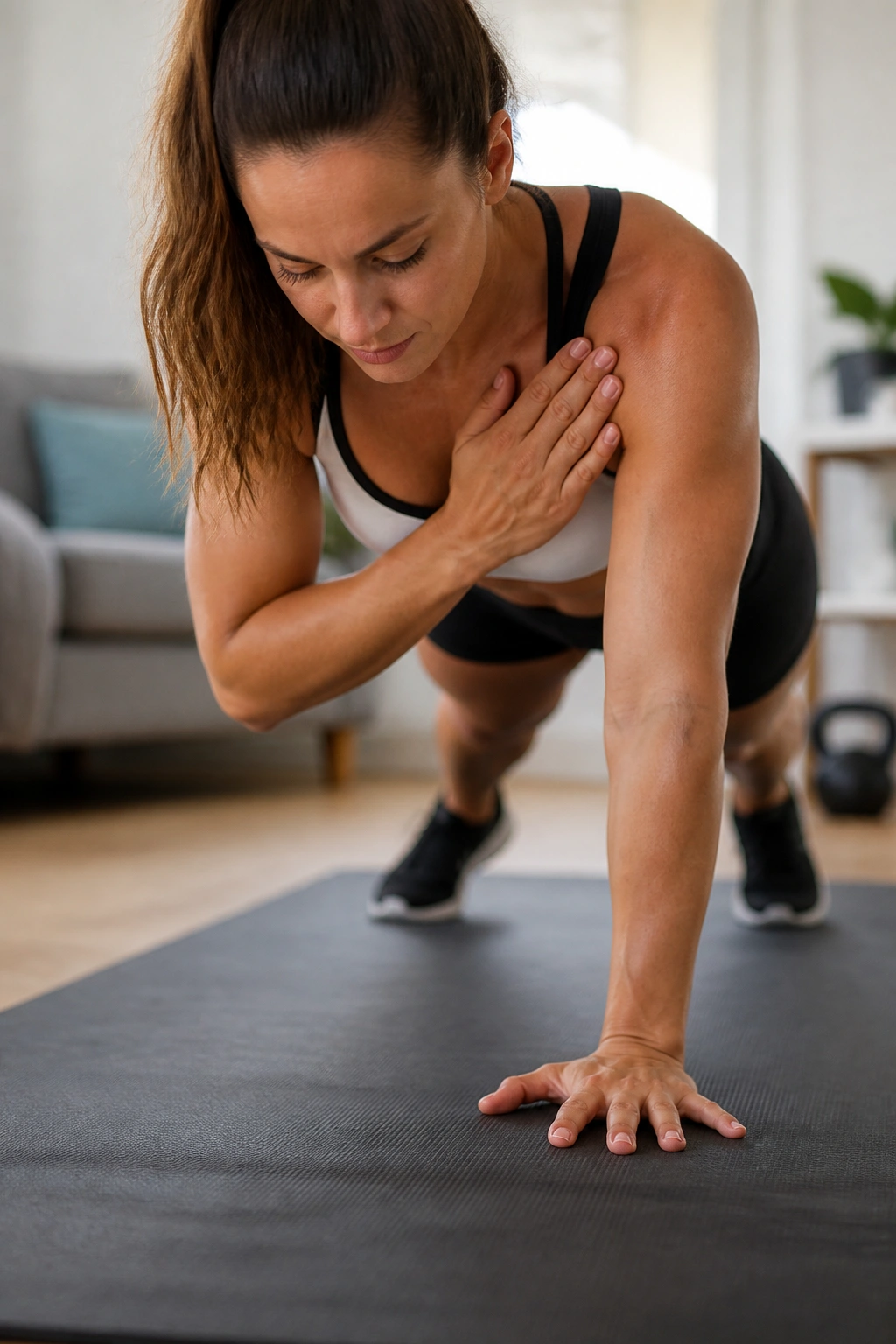 Person in high plank performing shoulder taps with stable hips