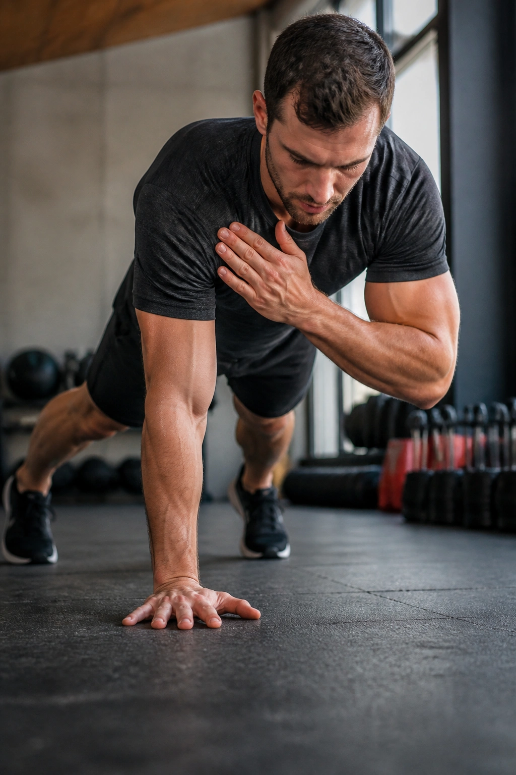 Close-up of a person in a high plank performing shoulder taps for stability