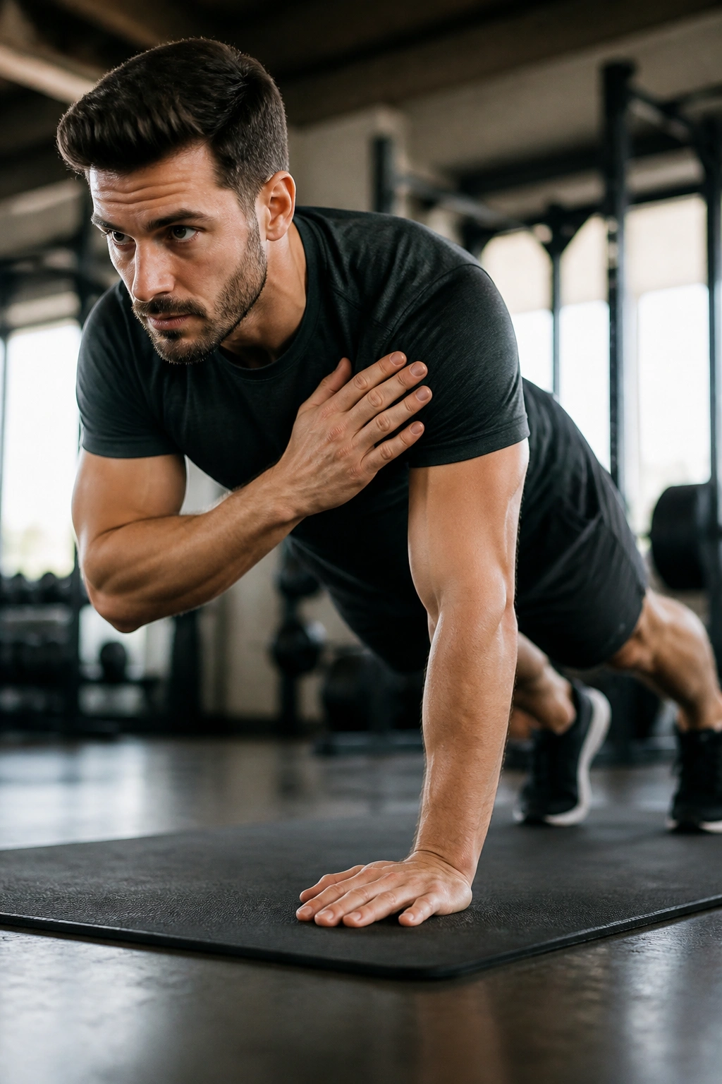 Person in a high plank performing alternating shoulder taps with stable hips.