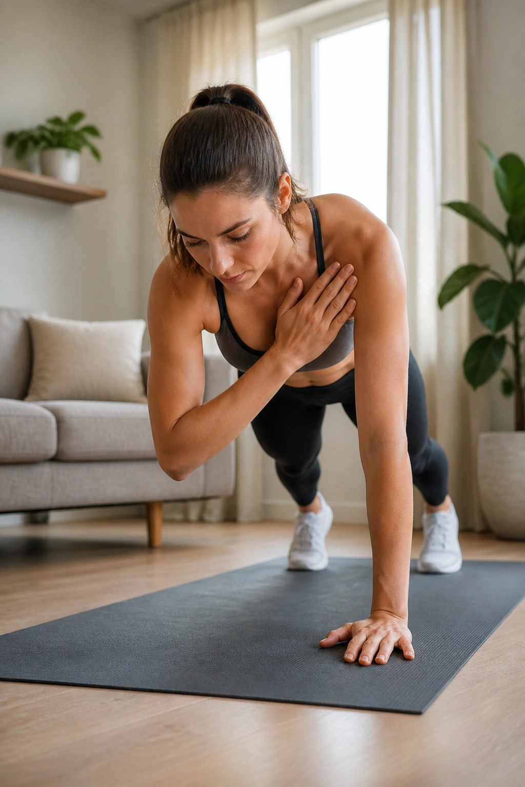 Woman in high plank performing shoulder taps in a home setting