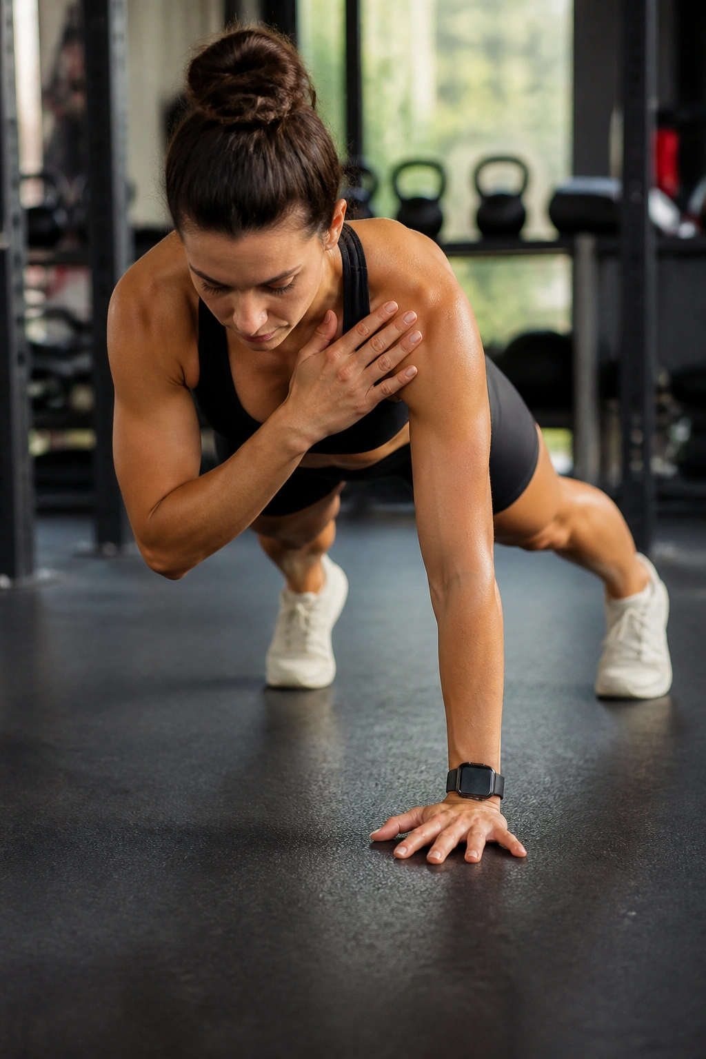 Real person in high plank performing shoulder taps with steady hips
