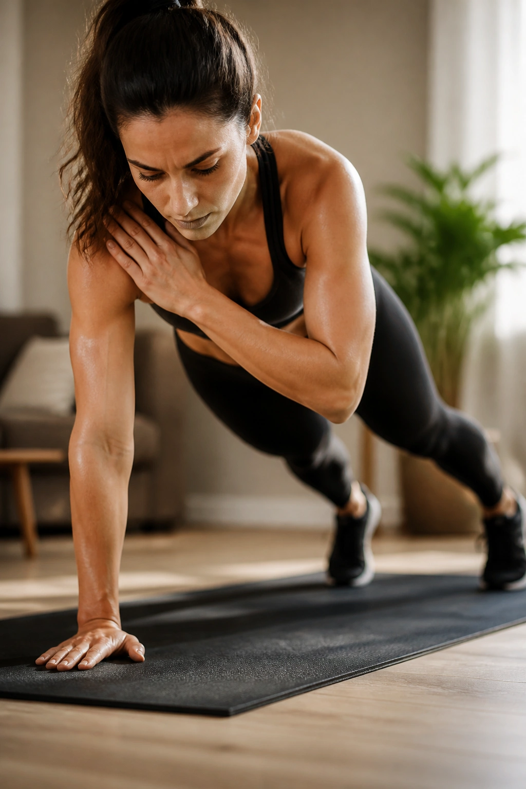 Close-up of a person performing plank shoulder taps in a home workout, hip stability and core engagement.