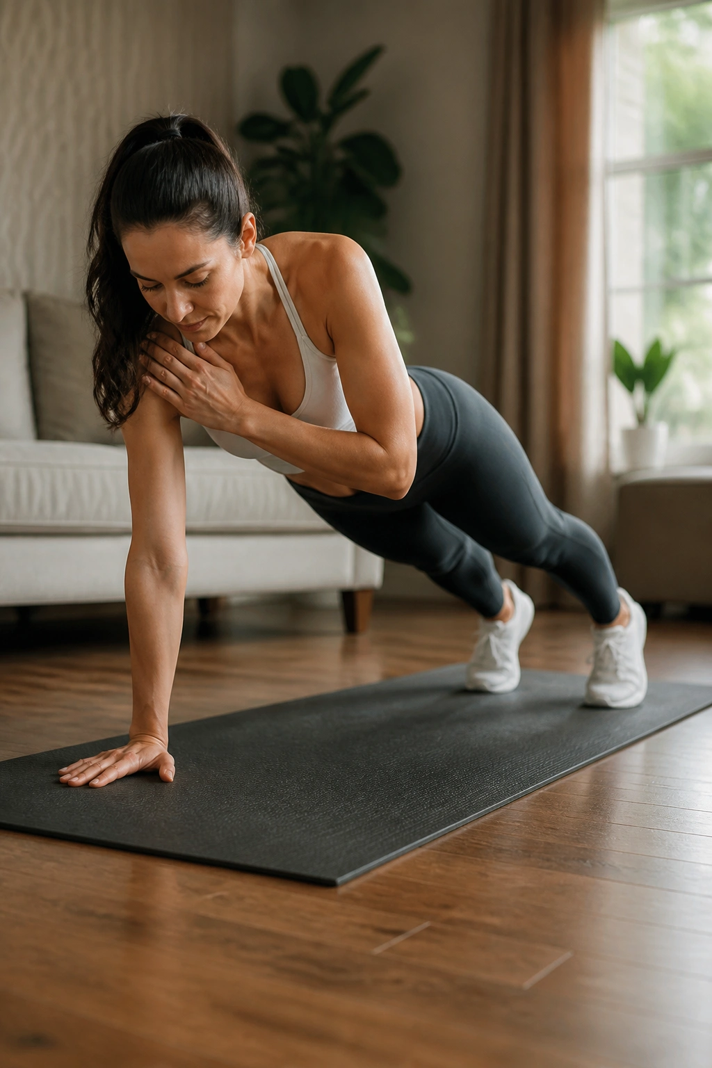 Real person performing plank shoulder taps with minimal hip sway on a mat
