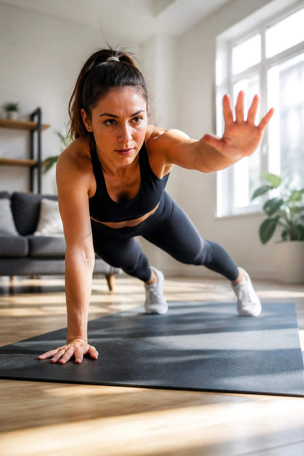 Woman in high plank performing shoulder taps and reaches on a yoga mat at home