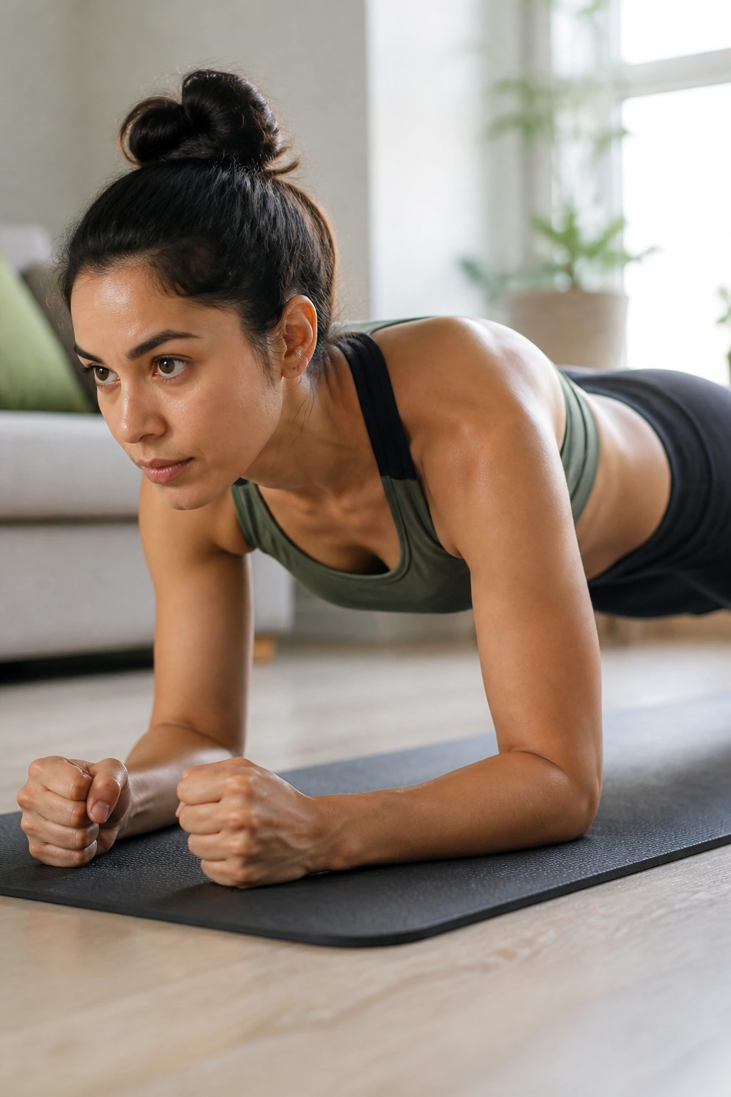 Person in forearm plank with strong core engagement on a bright mat.