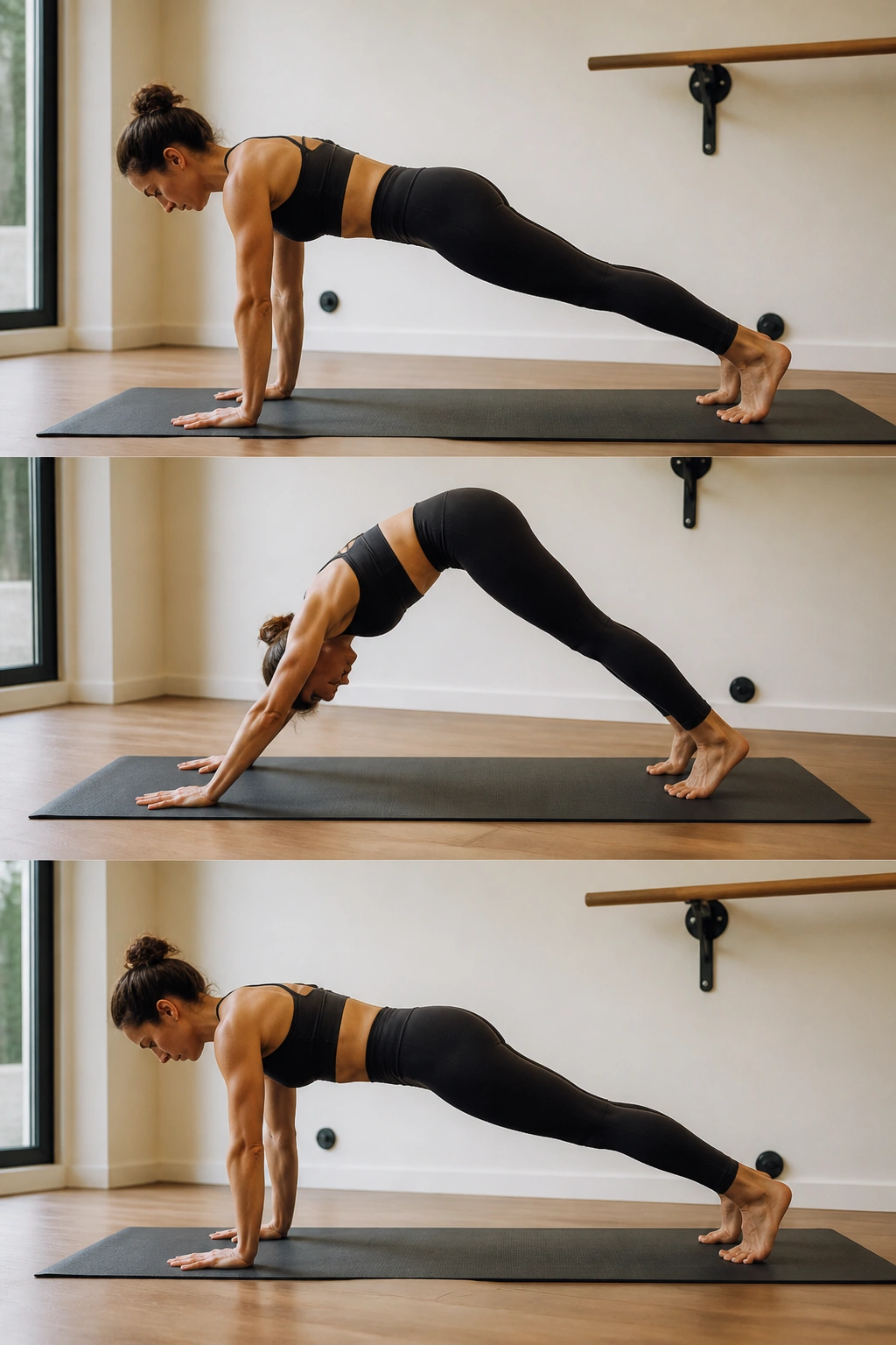 Real person moving from plank to pike in a home gym