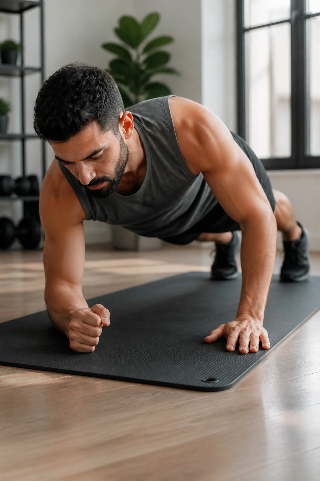 Plank-to-pushup transition shown on mat