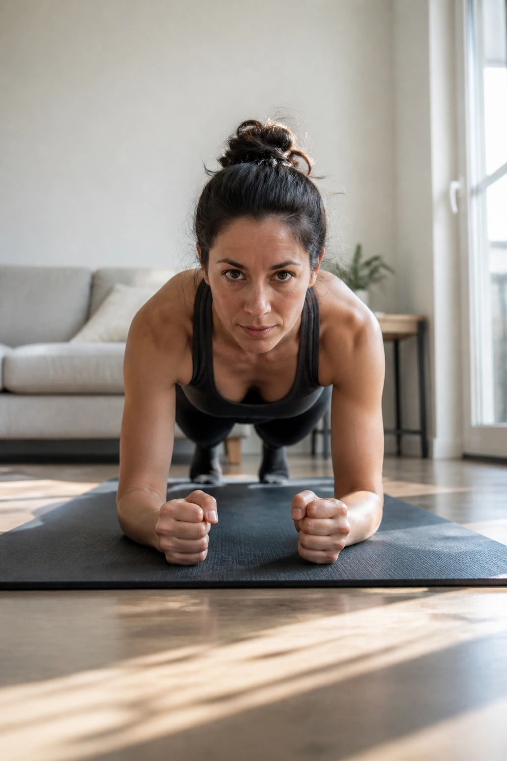 Front view of a person in forearm plank on a mat in a bright living space