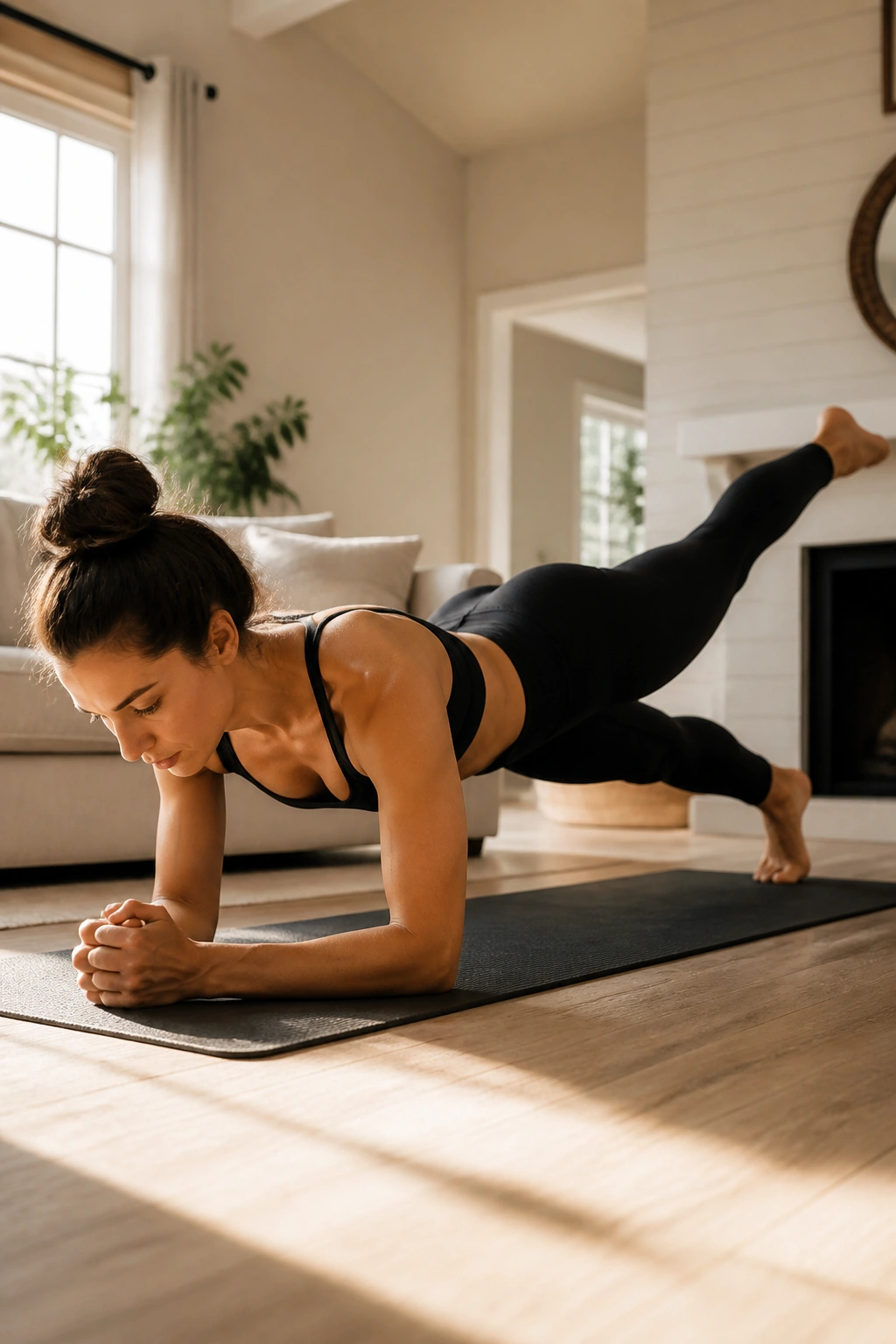 Person in plank variation with leg lift on a mat in a sunlit room.