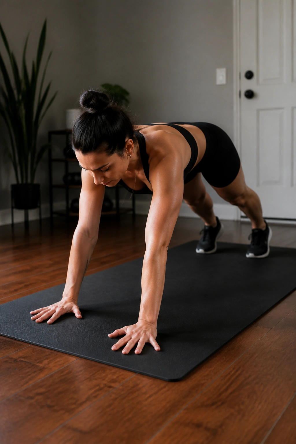 Plank Walkout: person walking hands from standing toward plank position, mid-walkout.