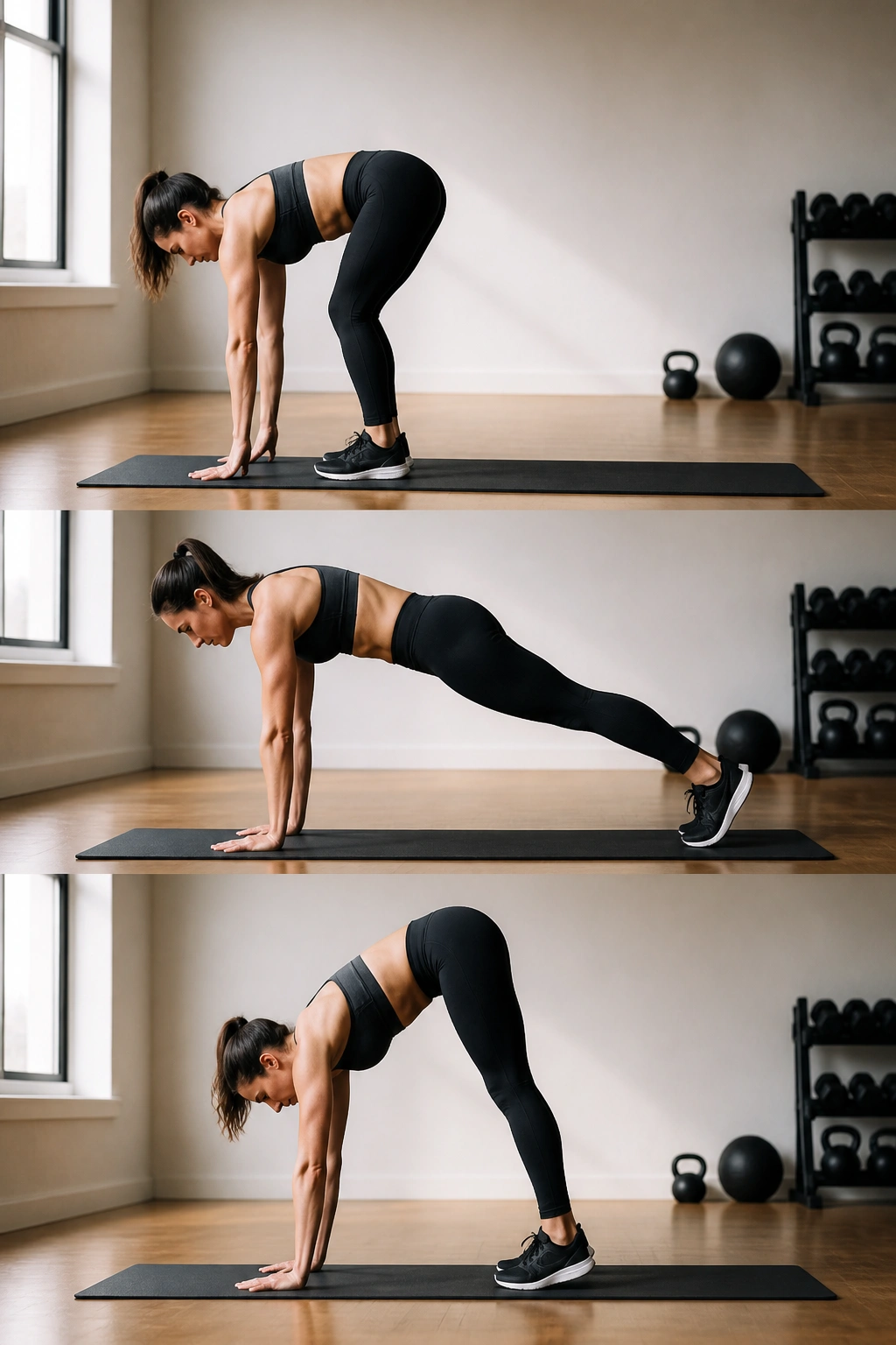 Real person performing a plank walkout from standing to high plank