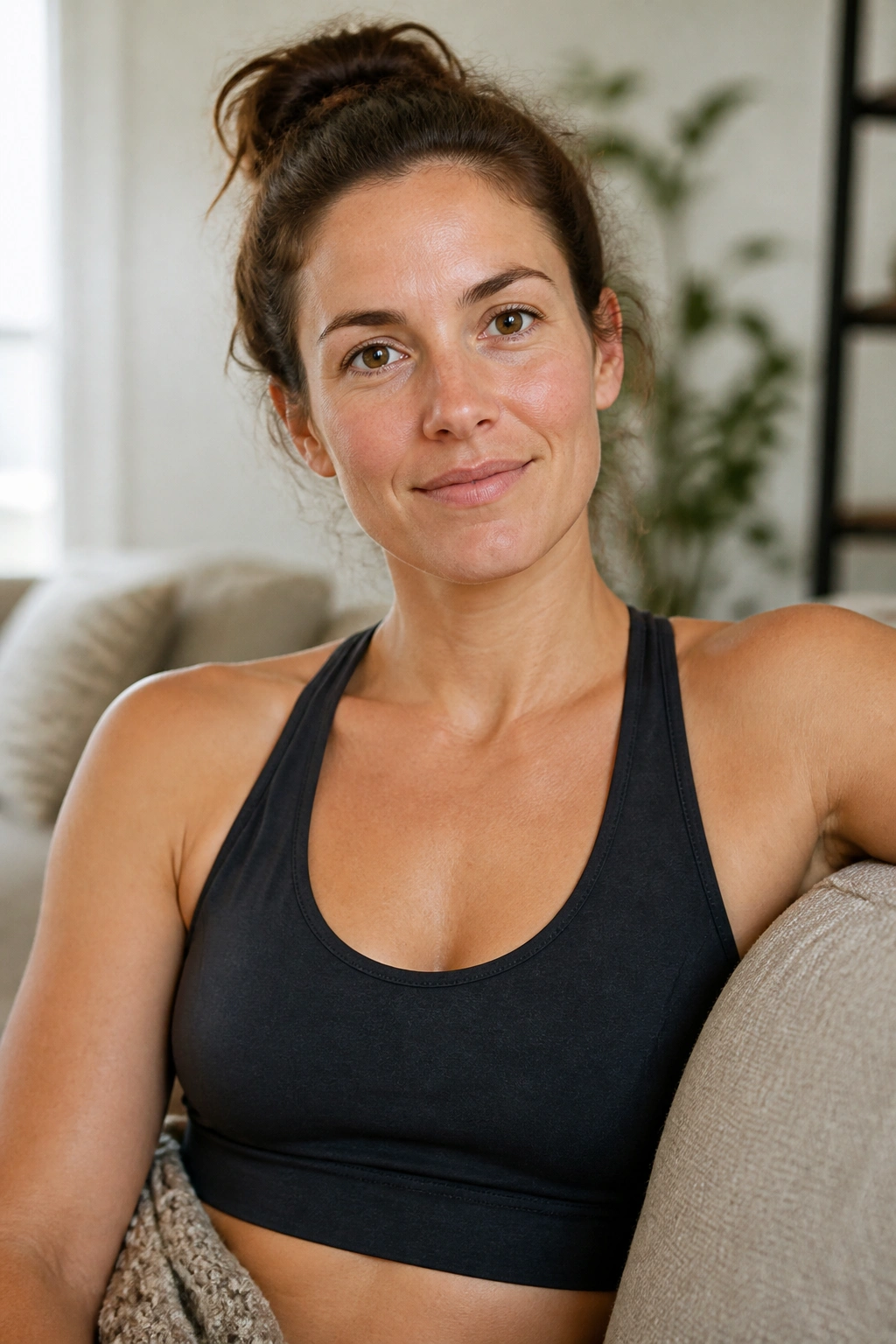 Close-up of a person relaxing on a sofa in a bright living room, symbolizing sustainable progress through planned rest days
