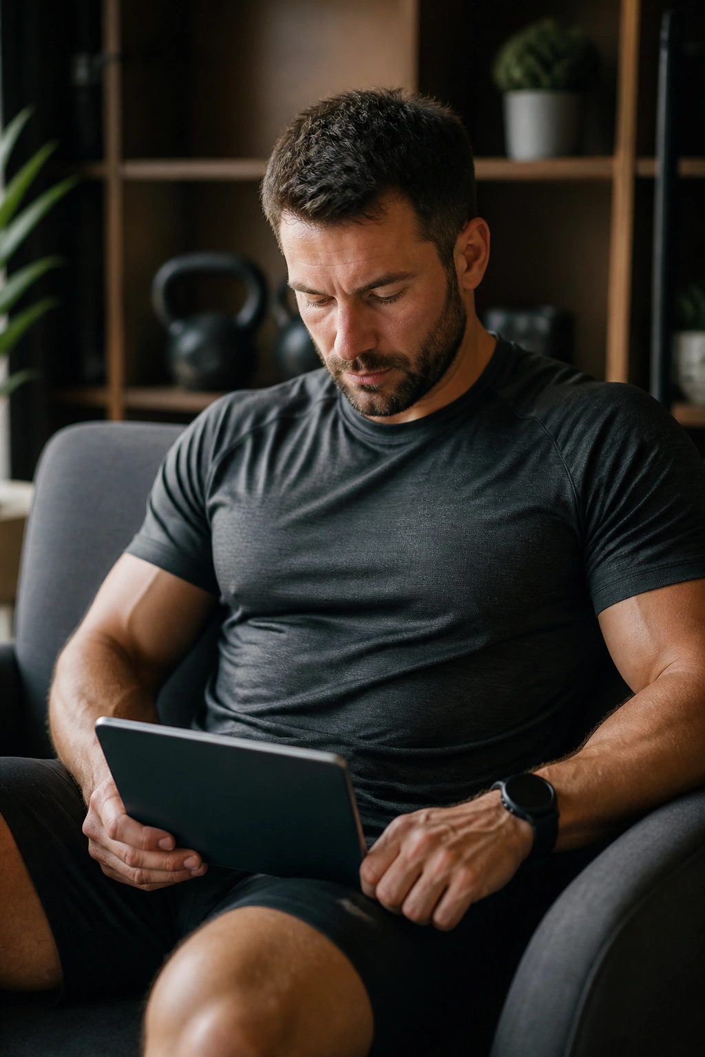 Person planning weekly training on a blank tablet in a gym lounge