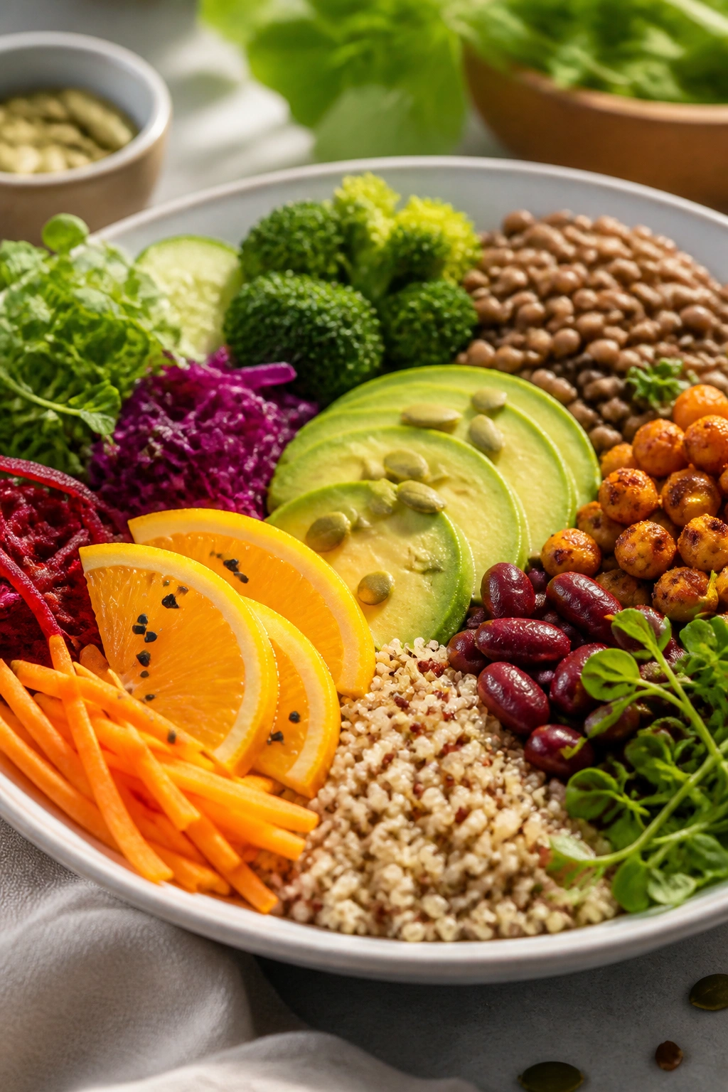 Close-up of a plant-forward plate rich in fiber and vegetables.