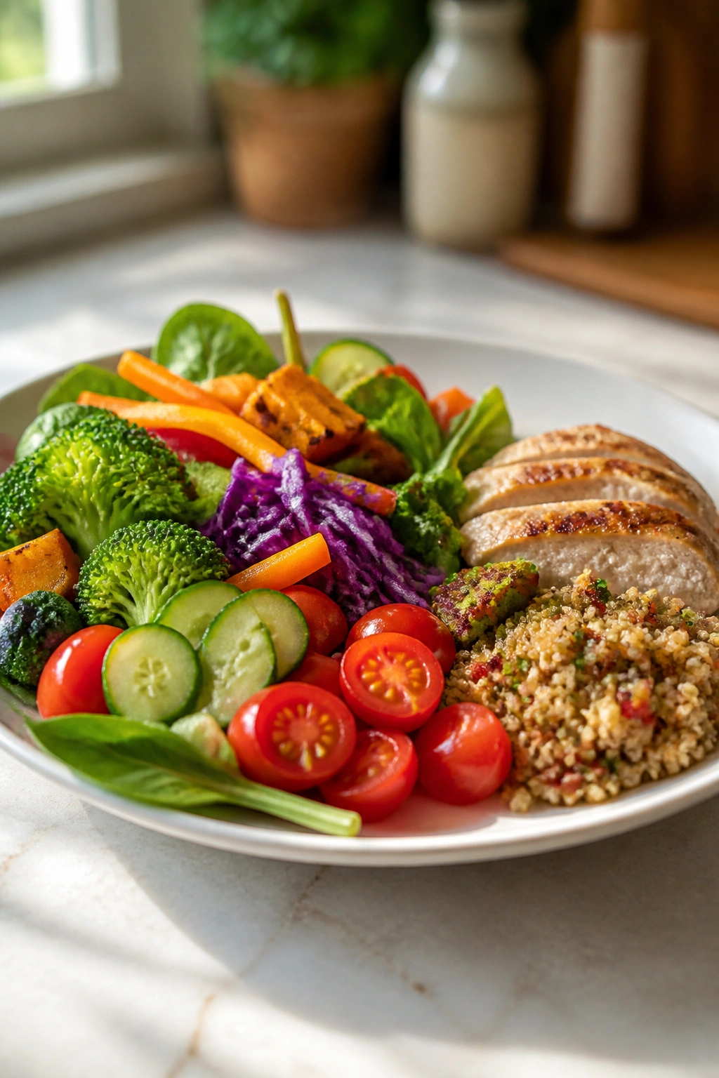 Plate showing half of the plate filled with vegetables for a plant-forward meal