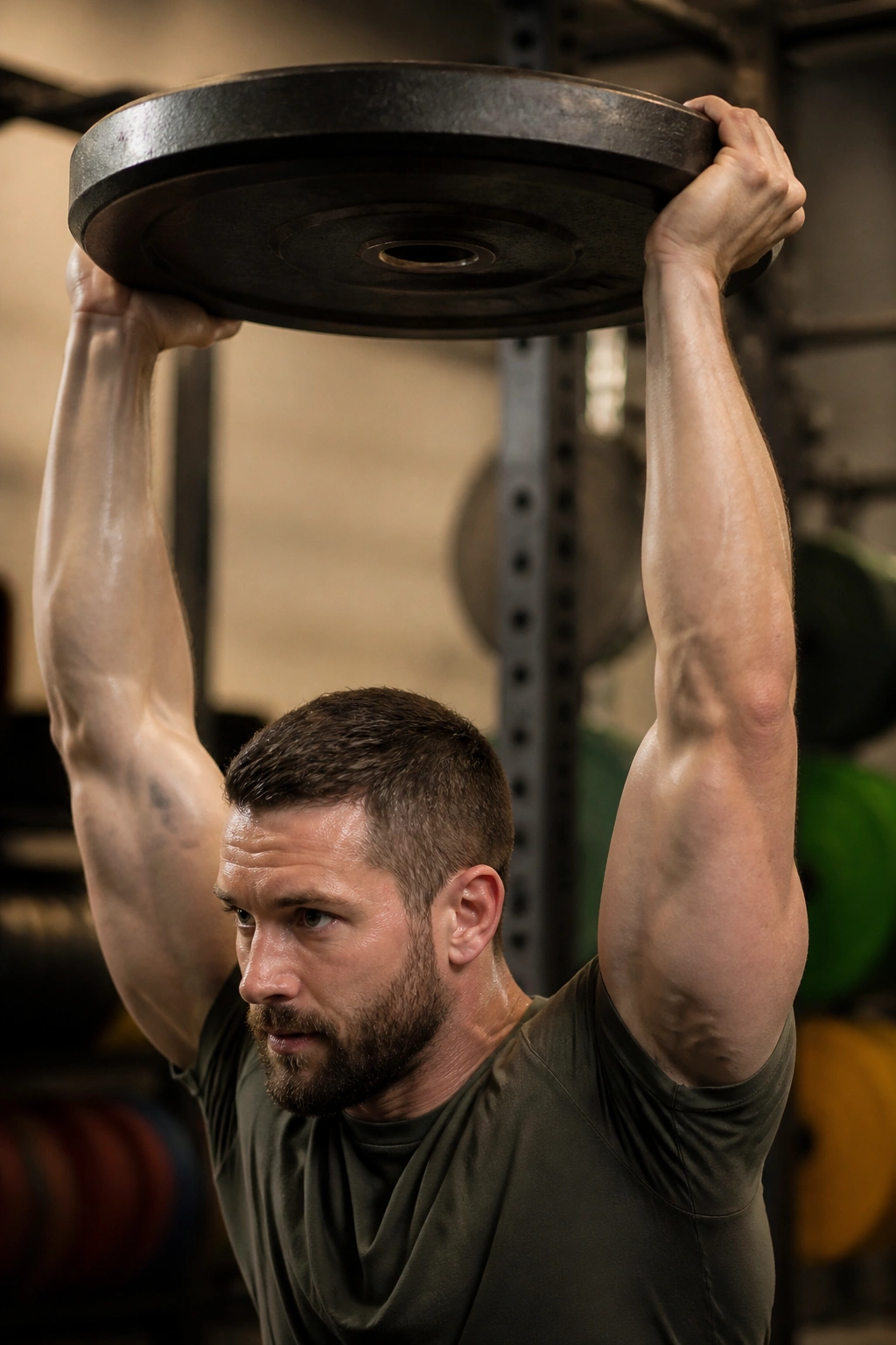 Close-up of lifter performing Plate-Loaded Overhead Squat with plate overhead in a gym