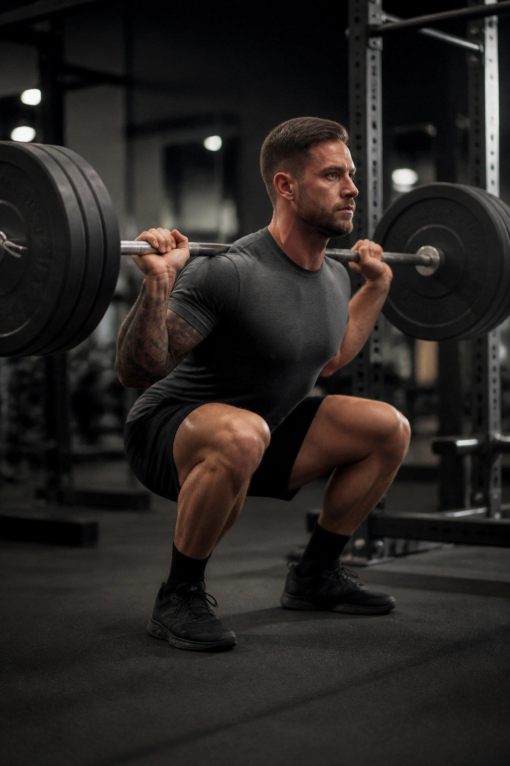 Lifter performing tempo squat in gym with focused expression