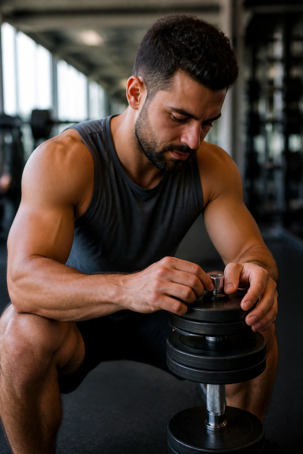 Person in gym adjusting dumbbell as part of plateau reset