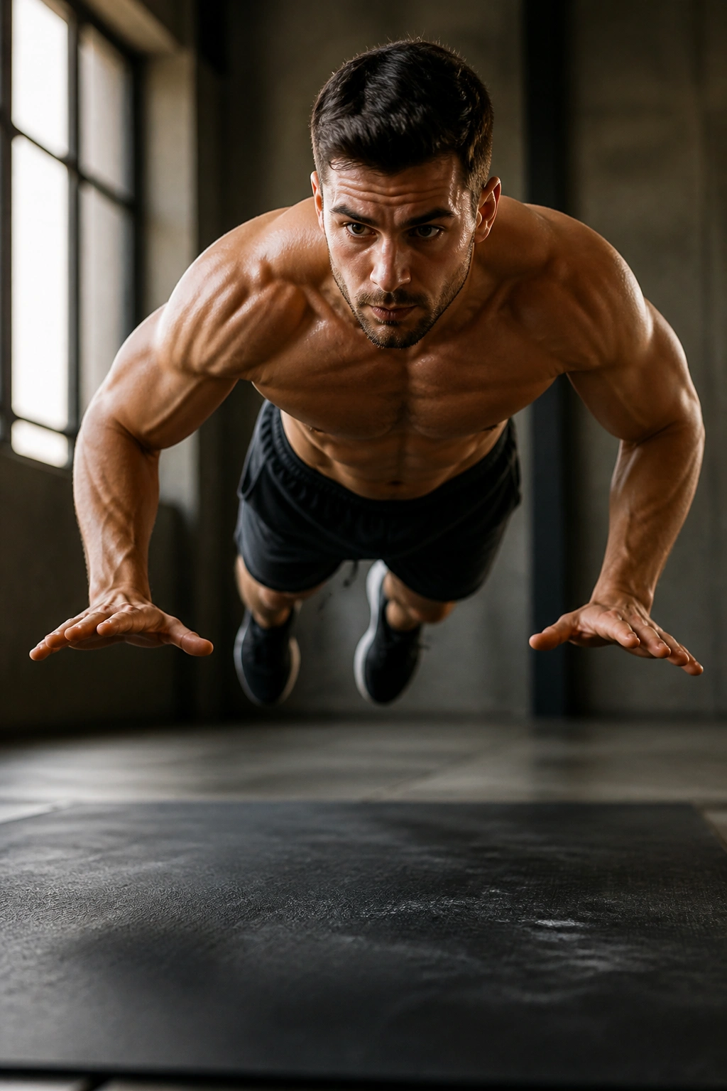 Athlete performing plyo push-up with explosive jump in gym