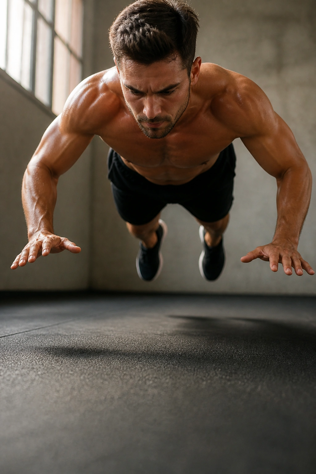 Close-up of a person performing a plyo push-up on a gym mat