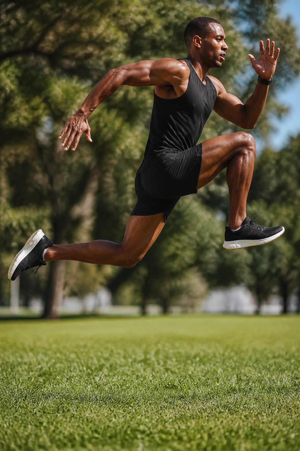 Runner performing plyometric bounding drills outdoors