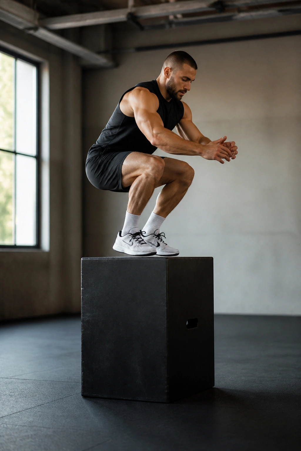 Athletic person performing a box jump in a gym for plyometric power.