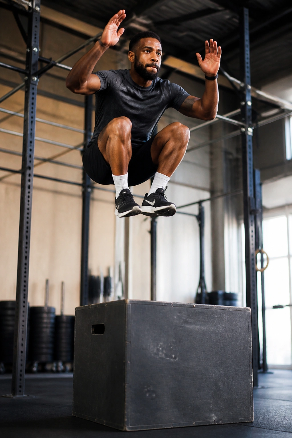 Athlete performing a box jump in gym