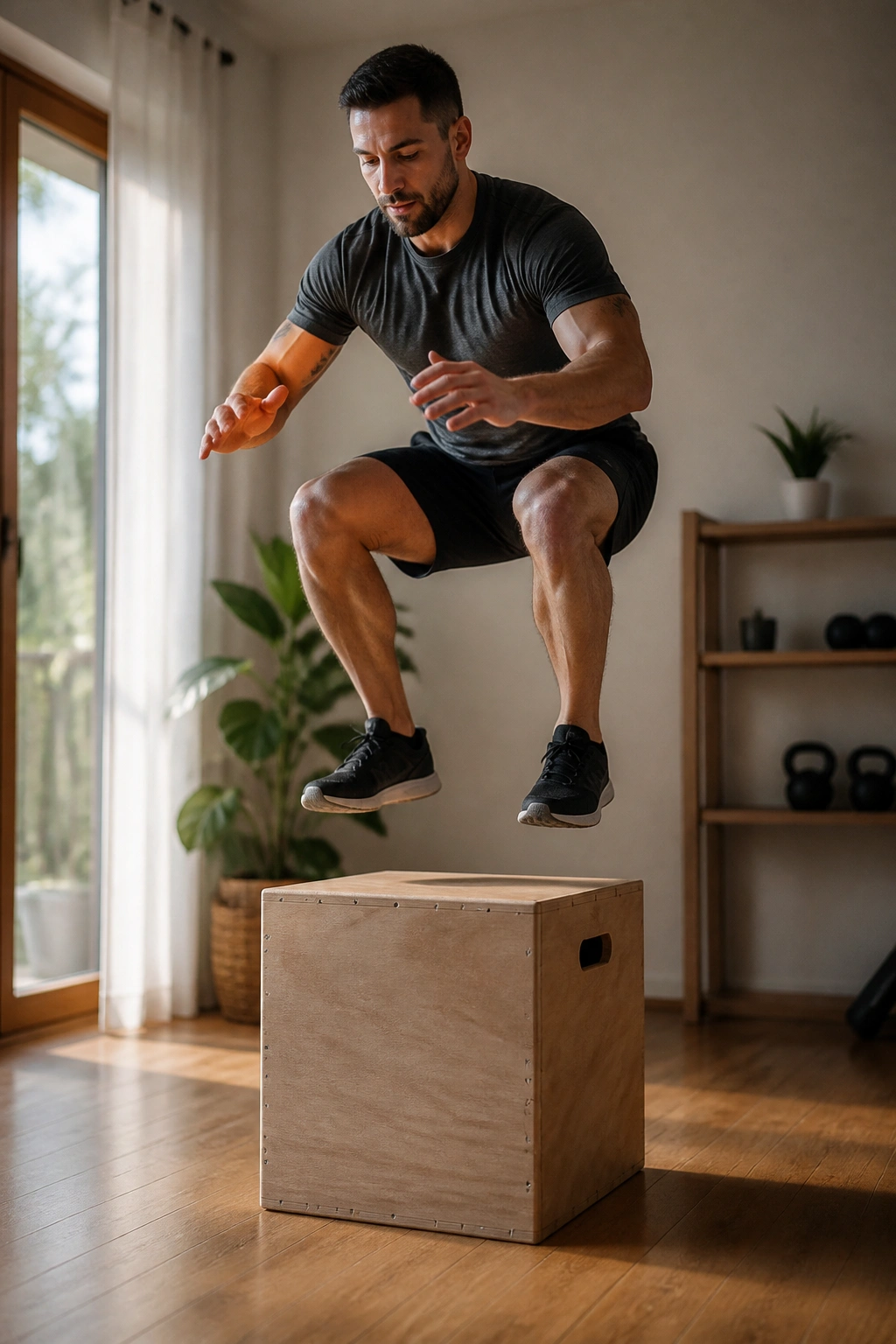 Mid-shot of a person performing a plyometric jump in a home workout area.