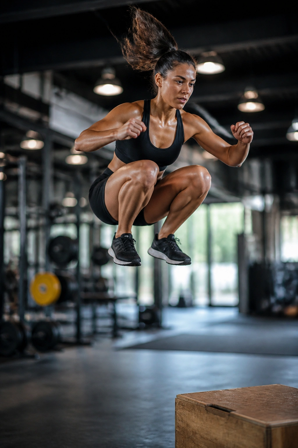 Athlete mid-air performing a plyometric jump in a gym