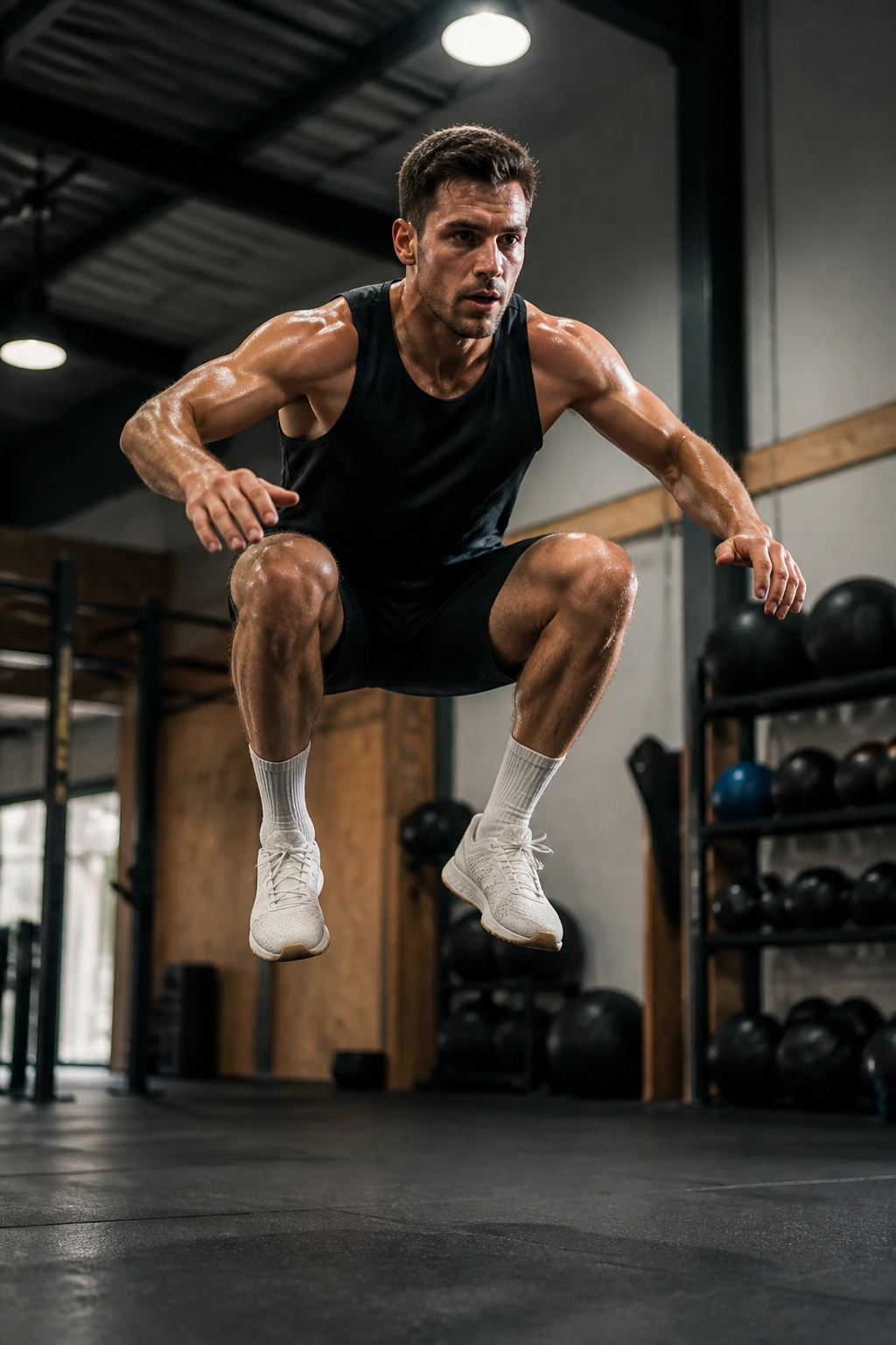 Athlete performing a jump squat during plyometric training in a gym.