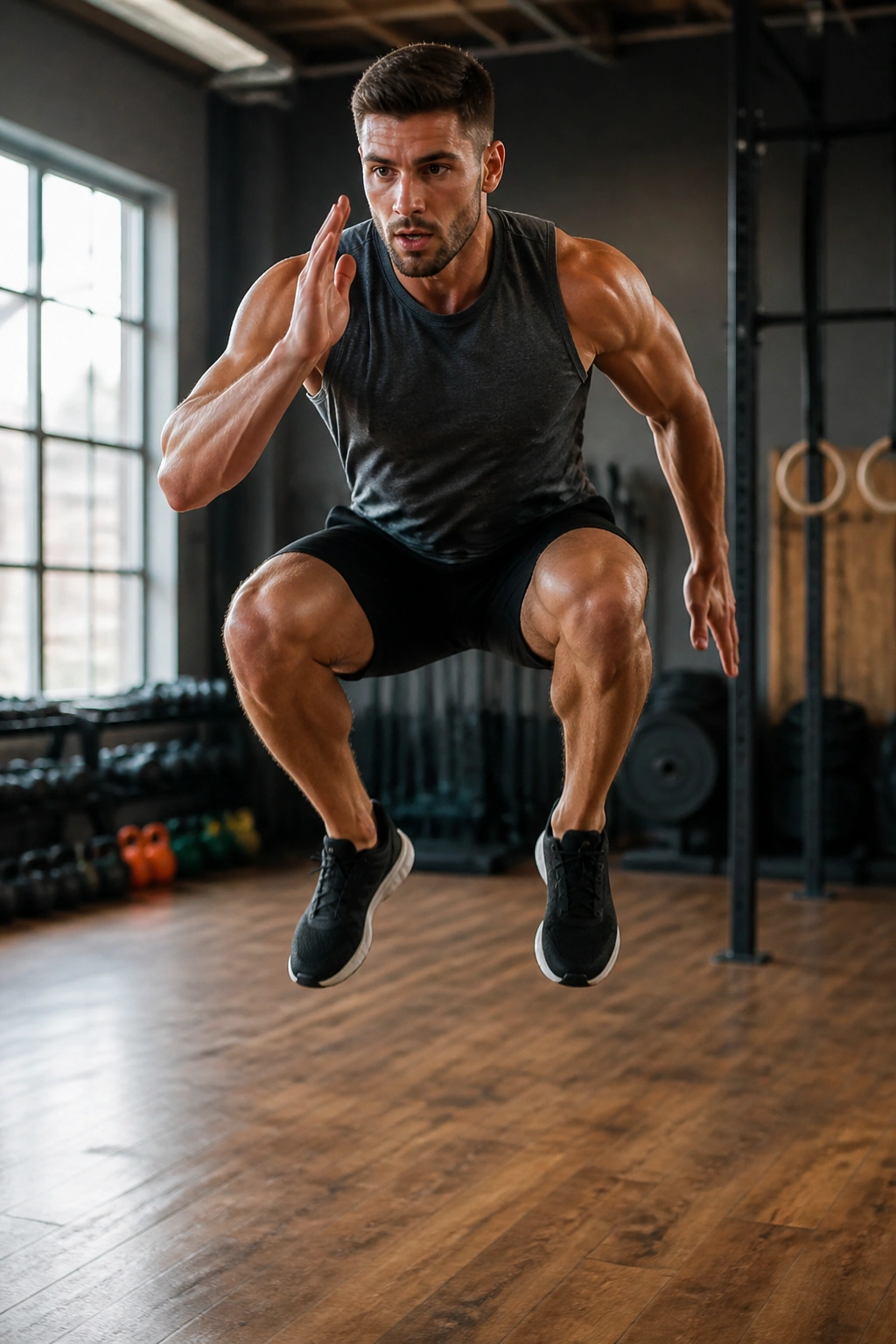 Close-up of an athlete performing a plyometric jump in a gym