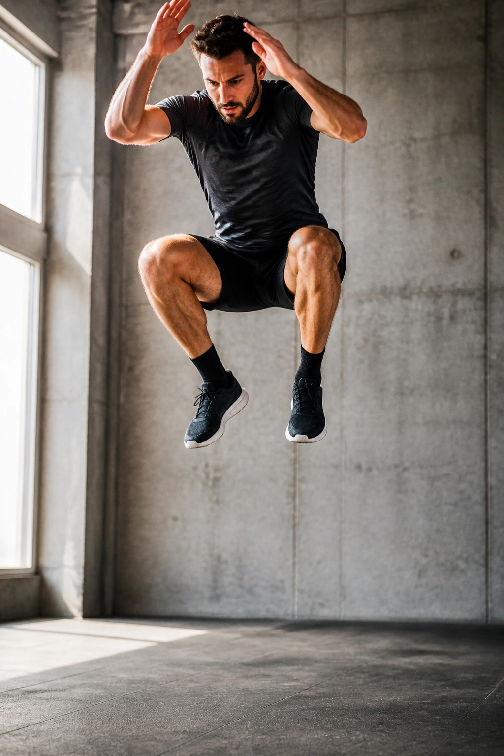 Person performing a vertical jump in a gym setting.