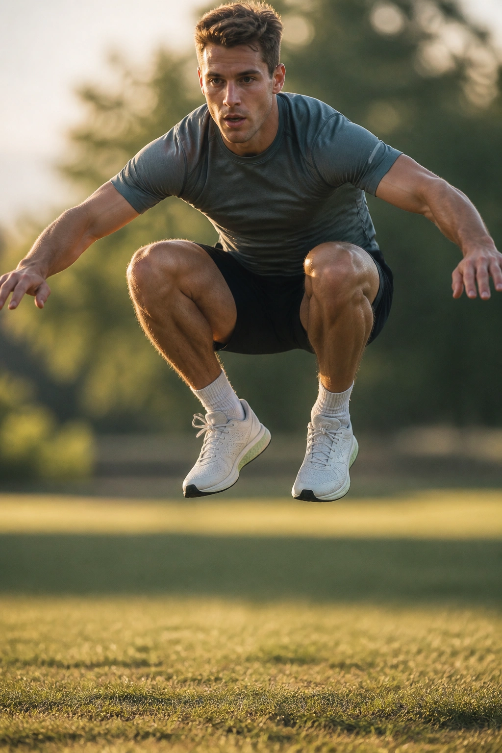 Runner performing a plyometric squat jump on grass.