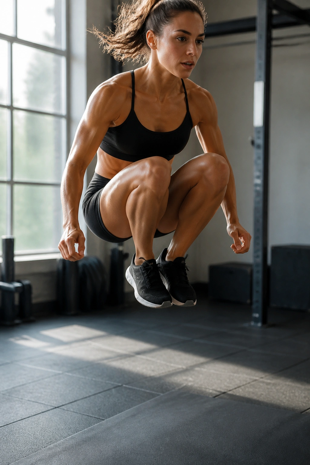 Athlete performing tuck jump with explosive leg drive on gym floor