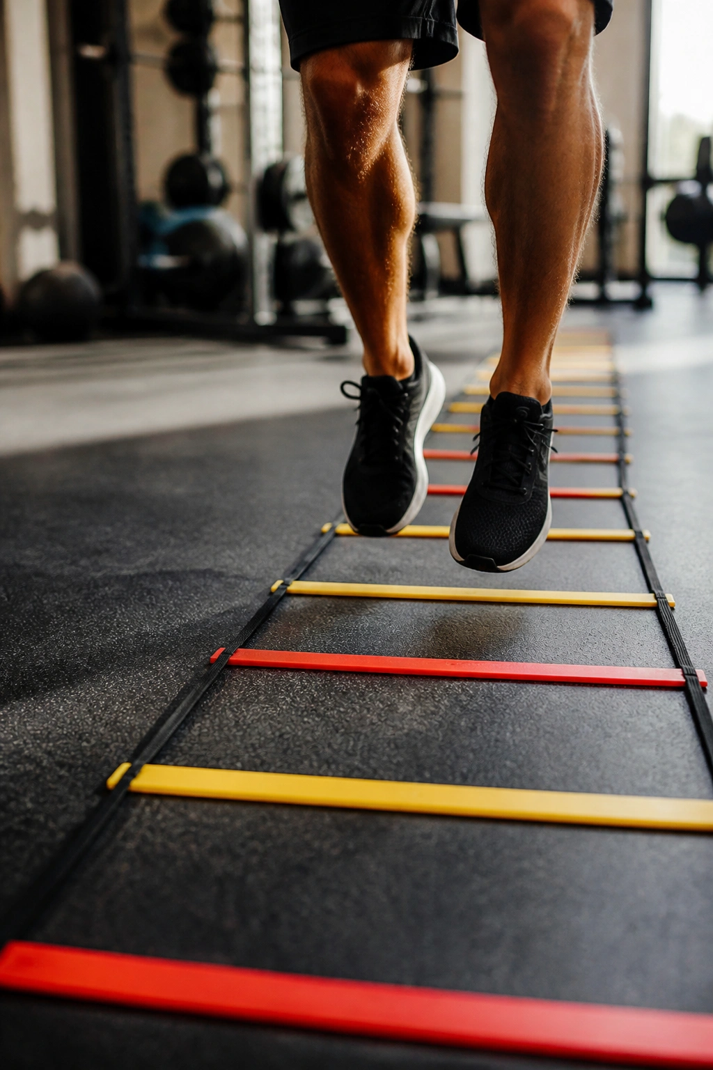 Athlete's feet landing on an agility ladder for explosive power training.