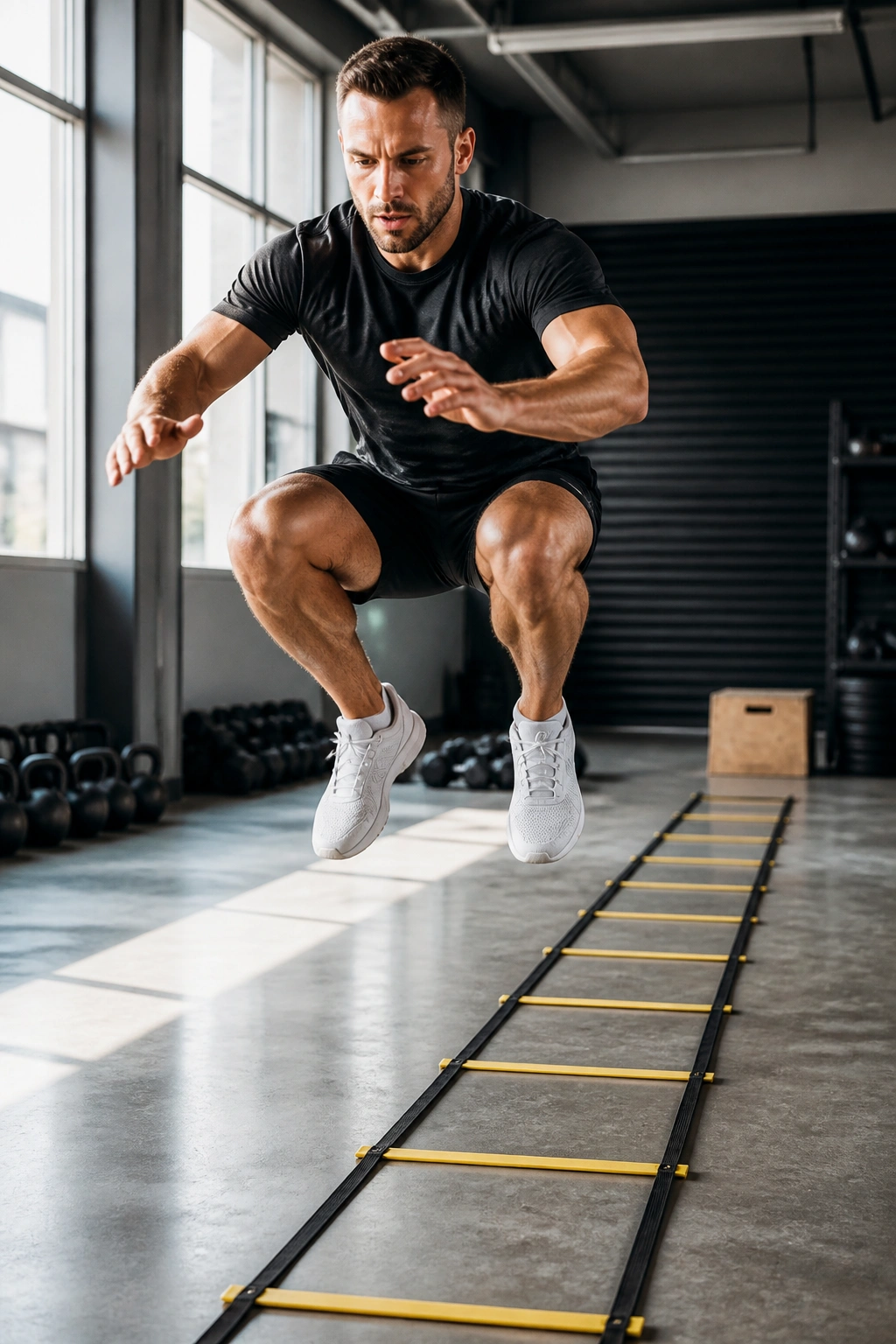 Real person performing plyometric jumps near a ladder in gym