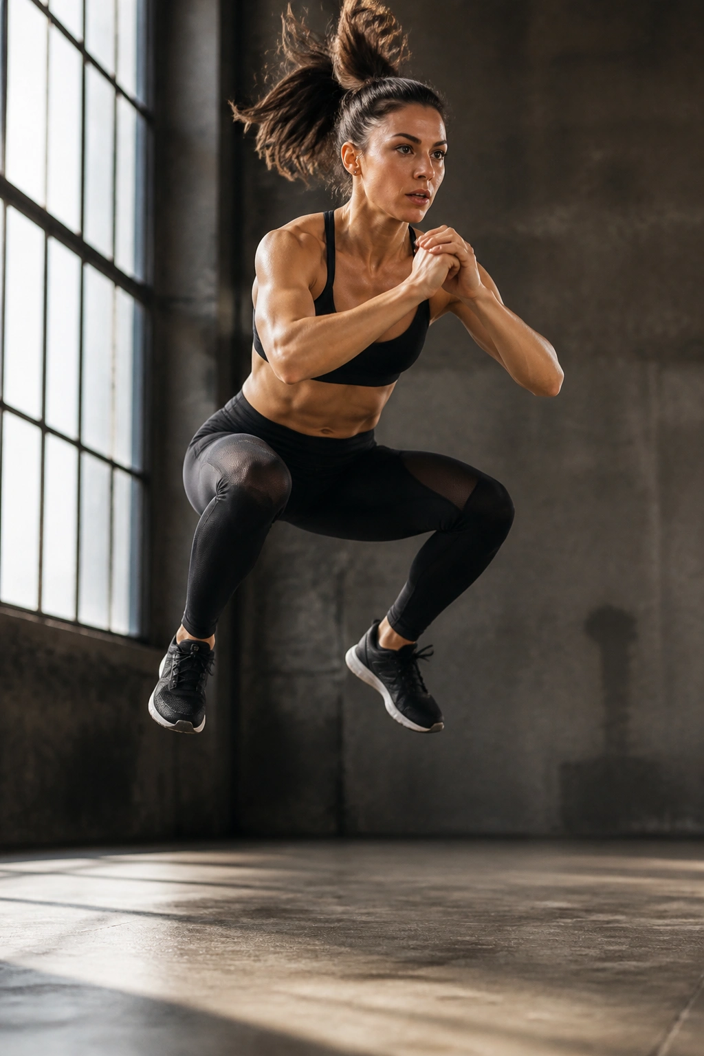 Close-up of a real athlete mid-air performing plyometric lunge and jump squat in a gym