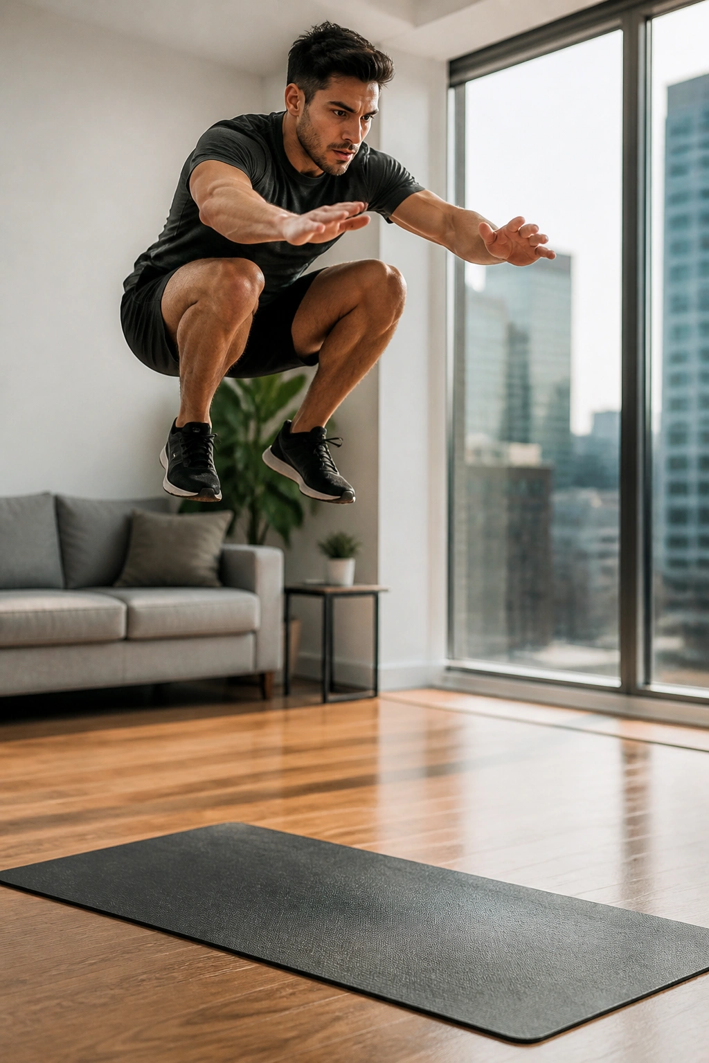 Person performing a broad jump in a home space